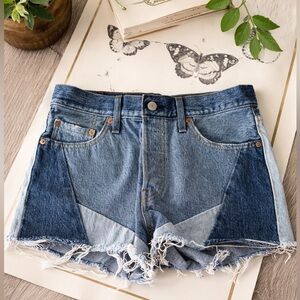 Levi’s Premium 501 Patchwork Denim Shorts 28 High Rise Raw Hem